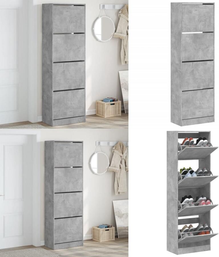 VidaXL Schoenenkast met 4 klaplades 60x34x187 5 cm betongrijs Schoenenkast Schoenenkasten Schoenenrek Schoenen Kast