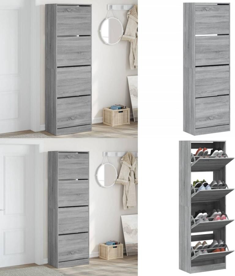 VidaXL Schoenenkast met 4 klaplades 60x34x187 5 cm grijs sonoma Schoenenkast Schoenenkasten Schoenenrek Schoenen Kast
