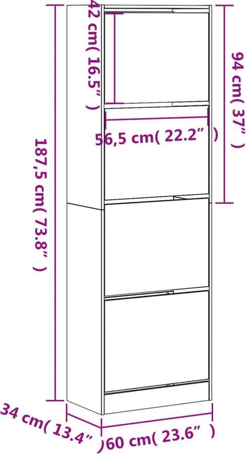 VidaXL Schoenenkast met 4 klaplades 60x34x187 5 cm sonoma eikenkleurig - Foto 2