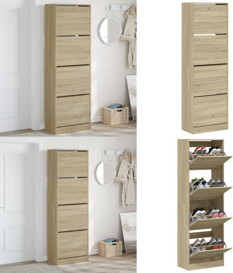 VidaXL Schoenenkast met 4 klaplades 60x34x187 5 cm sonoma eikenkleurig Schoenenkast Schoenenkasten Schoenenrek Schoenen Kast