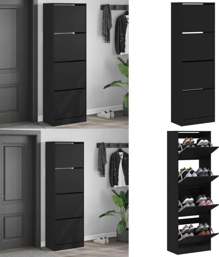 VidaXL Schoenenkast met 4 klaplades 60x34x187 5 cm zwart Schoenenkast Schoenenkasten Schoenenrek Schoenen Kast