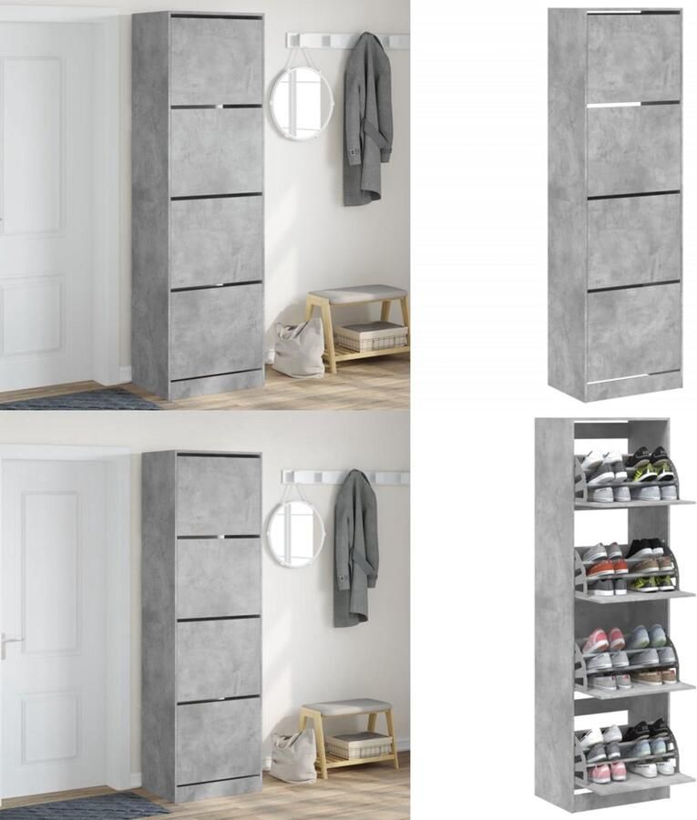 VidaXL Schoenenkast met 4 klaplades 60x42x204 cm betongrijs Schoenenkast Schoenenkasten Schoenenrek Schoenen Kast