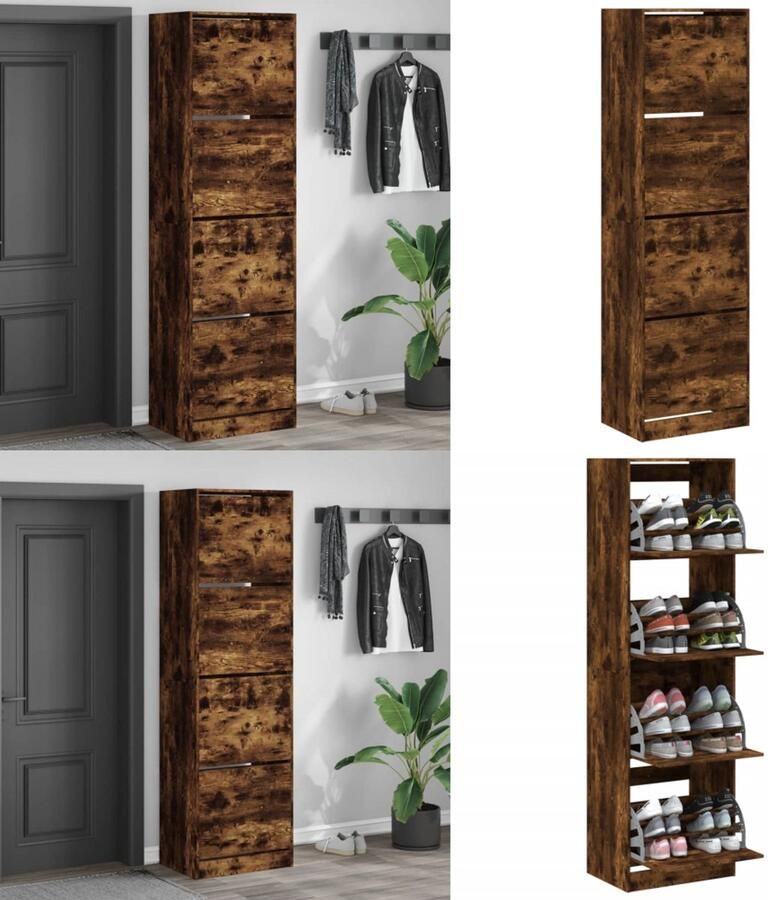 VidaXL Schoenenkast met 4 klaplades 60x42x204 cm gerookt eikenkleurig Schoenenkast Schoenenkasten Schoenenrek Schoenen Kast