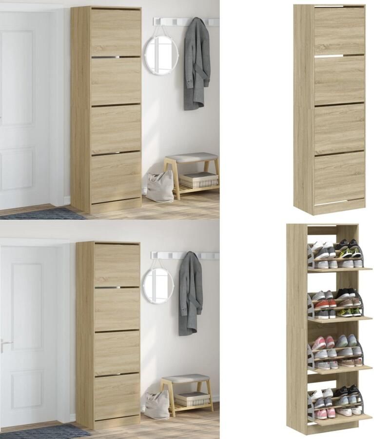 VidaXL Schoenenkast met 4 klaplades 60x42x204 cm sonoma eikenkleurig Schoenenkast Schoenenkasten Schoenenrek Schoenen Kast