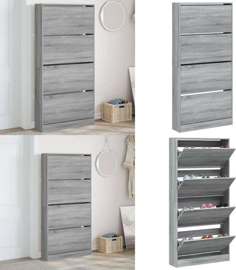 VidaXL Schoenenkast met 4 klaplades 80x21x163 5 cm grijs sonoma Schoenenkast Schoenenkasten Schoenenrek Schoenen Kast