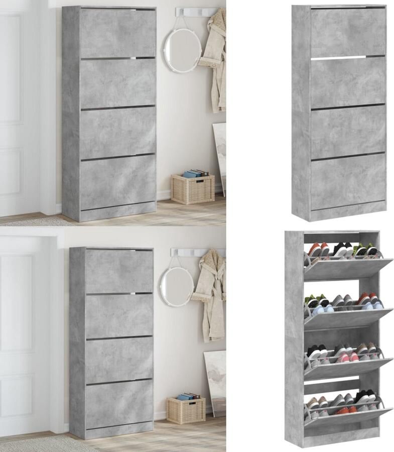 VidaXL Schoenenkast met 4 klaplades 80x34x187 5 cm betongrijs Schoenenkast Schoenenkasten Schoenenrek Schoenen Kast