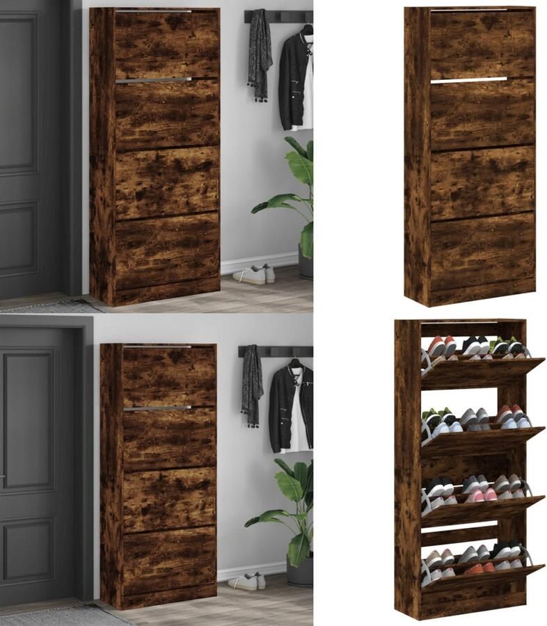 VidaXL Schoenenkast met 4 klaplades 80x34x187 5 cm gerookt eikenkleur Schoenenkast Schoenenkasten Schoenenrek Schoenen Kast