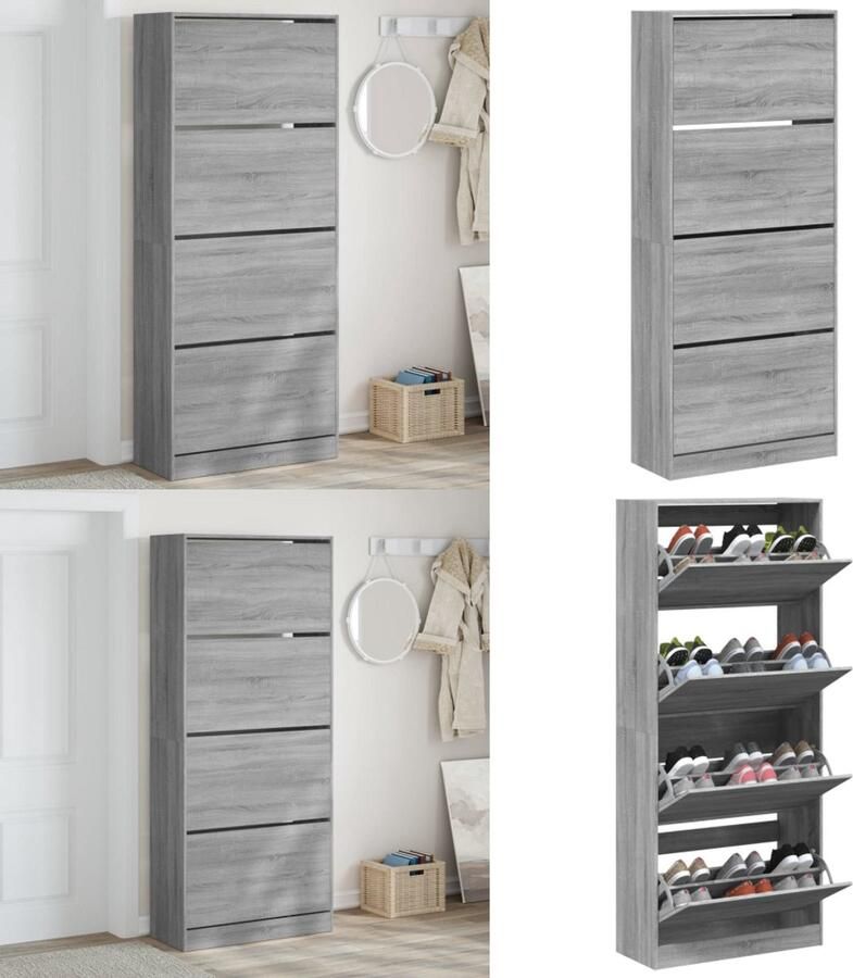 VidaXL Schoenenkast met 4 klaplades 80x34x187 5 cm grijs sonoma Schoenenkast Schoenenkasten Schoenenrek Schoenen Kast
