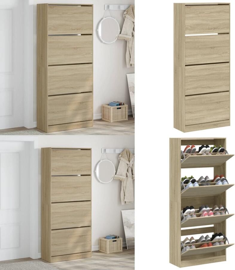 VidaXL Schoenenkast met 4 klaplades 80x34x187 5 cm sonoma eikenkleurig Schoenenkast Schoenenkasten Schoenenrek Schoenen Kast