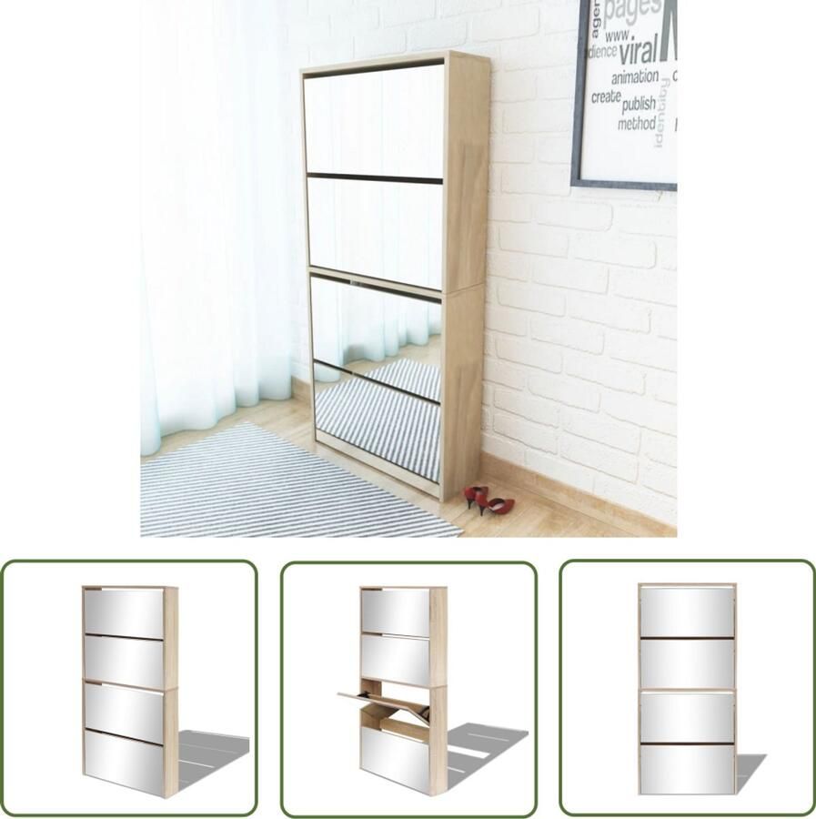 VidaXL Schoenenkast 4 Spiegels Eikenhout Set van 2 Schoenenkast Schoenen Kast Eikenhouten Schoenenkast Wandmontage Schoenenkast Entree Meubilair - Foto 2