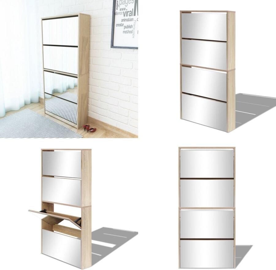 VidaXL Schoenenkast met 4 spiegels 63x17x134 cm eikenhout Schoenenkast Schoenenkasten Schoenen Kast Schoenen Kasten