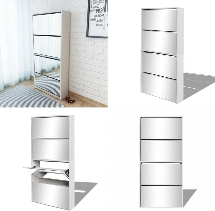 VidaXL Schoenenkast met 4 spiegels 63x17x134 cm wit Schoenenkast Schoenenkasten Schoenen Kast Schoenen Kasten