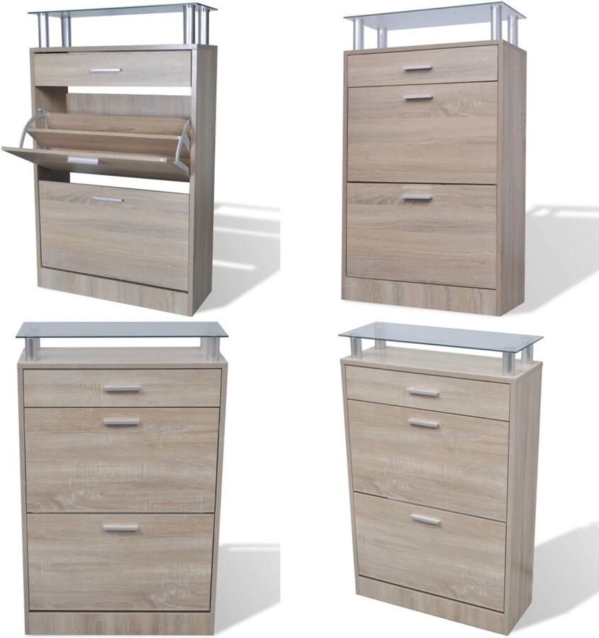 The Living Store Schoenenkast Eiken Houten kast met lade en glazen schap 63 x 24 x 104 cm Schoenenkast Schoenen Organisatie Entree Meubilair Bergruimte Houten Kast