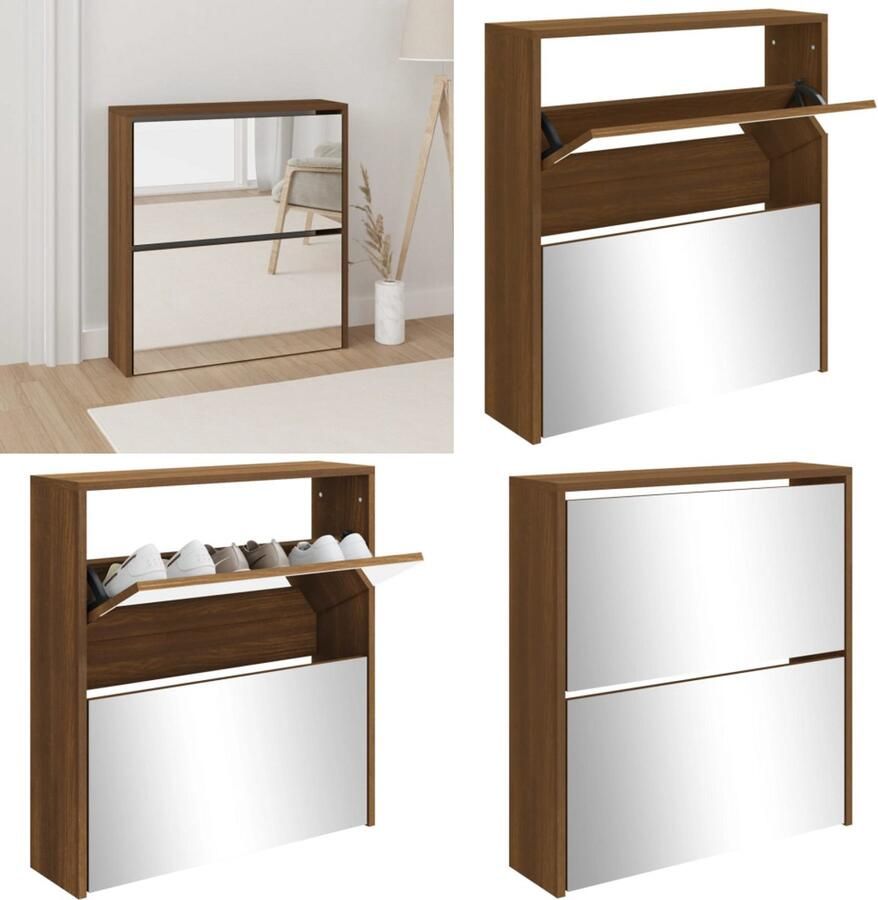 VidaXL Schoenenkast met spiegel 2-laags 63x17x67 cm bruineiken Schoenenkast Schoenenkasten Berging Voor Schoenen Schoenenrek