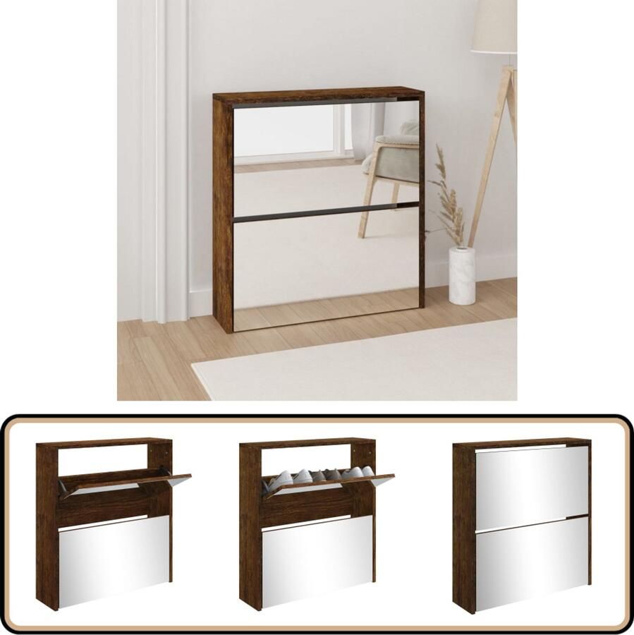 VidaXL -Schoenenkast-met-spiegel-2-laags-63x17x67-cm-gerookt-eiken - Foto 4