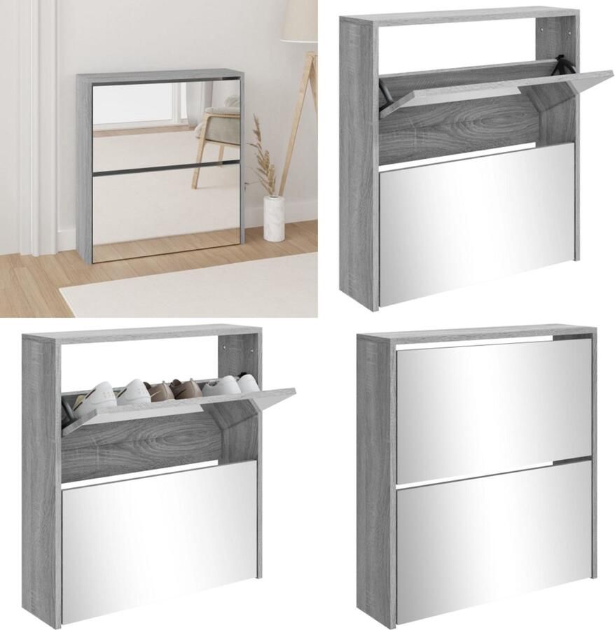 VidaXL Schoenenkast met spiegel 2-laags 63x17x67 cm grijs sonoma Schoenenkast Schoenenkasten Berging Voor Schoenen Schoenenrek