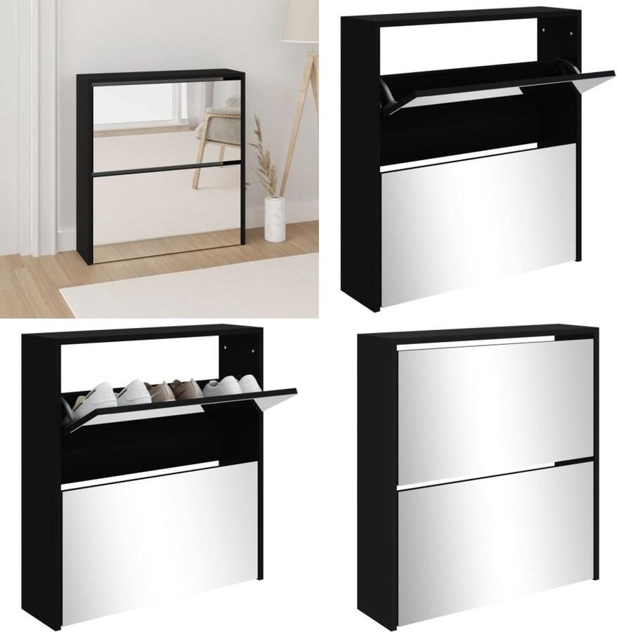 VidaXL Schoenenkast met spiegel 2-laags 63x17x67 cm zwart Schoenenkast Schoenenkasten Berging Voor Schoenen Schoenenrek