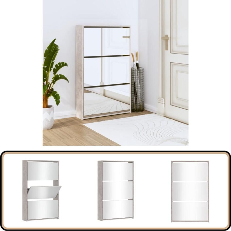 VidaXL Schoenenkast met spiegel 3-laags betongrijs Schoenenkast Beton Grijs Kasten Voor Schoenen Bergruimte Schoenen Organisatie Schoenen