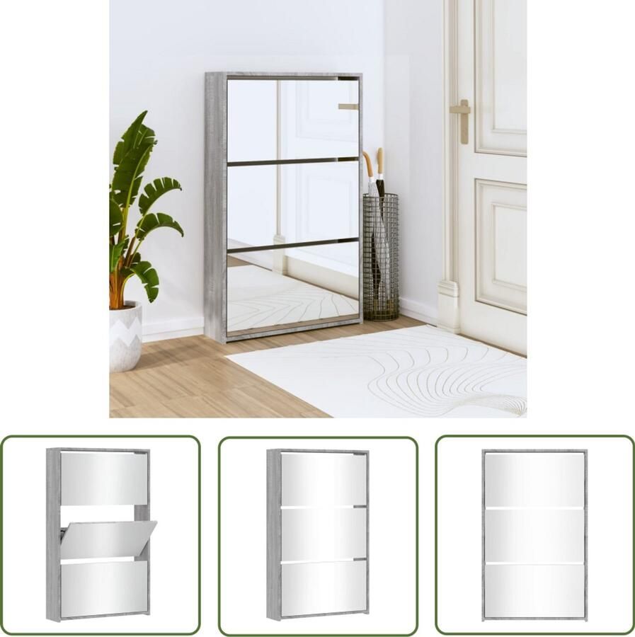 VidaXL Schoenenkast met spiegel 3-laags Grijs Eiken Schoenenkast Kasten Bergruimte Entreehal Organisatie Schoenenopslag Houten Kast Vintage Kast Minimalistisch Compact