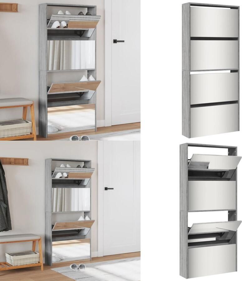 VidaXL Schoenenkast met spiegel 4-laags 63x17x134 cm grijs sonoma Schoenenkast Schoenenkasten Berging Voor Schoenen Schoenenrek