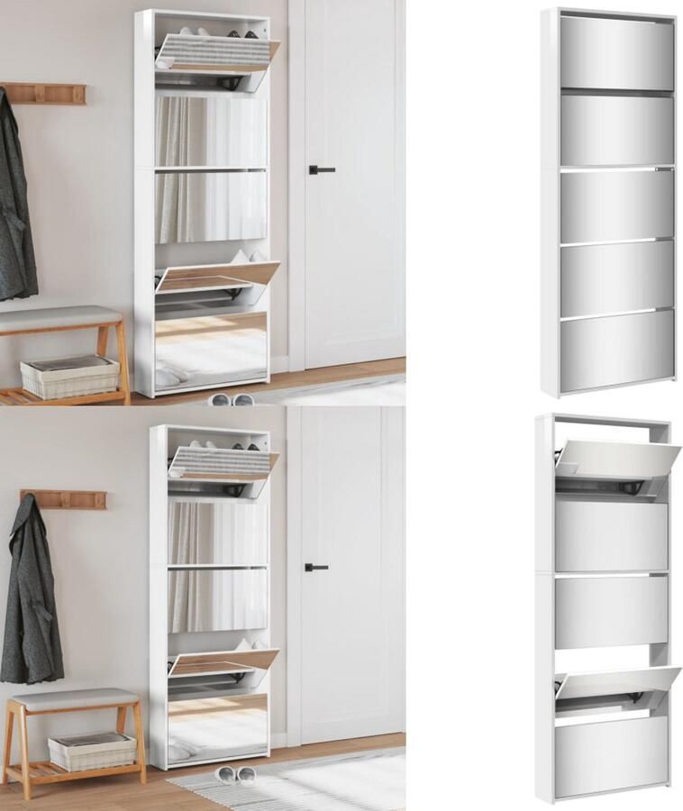 VidaXL Schoenenkast met spiegel 5-laags 63x17x169 5 cm hoogglans wit Schoenenkast Schoenenkasten Berging Voor Schoenen Schoenenrek