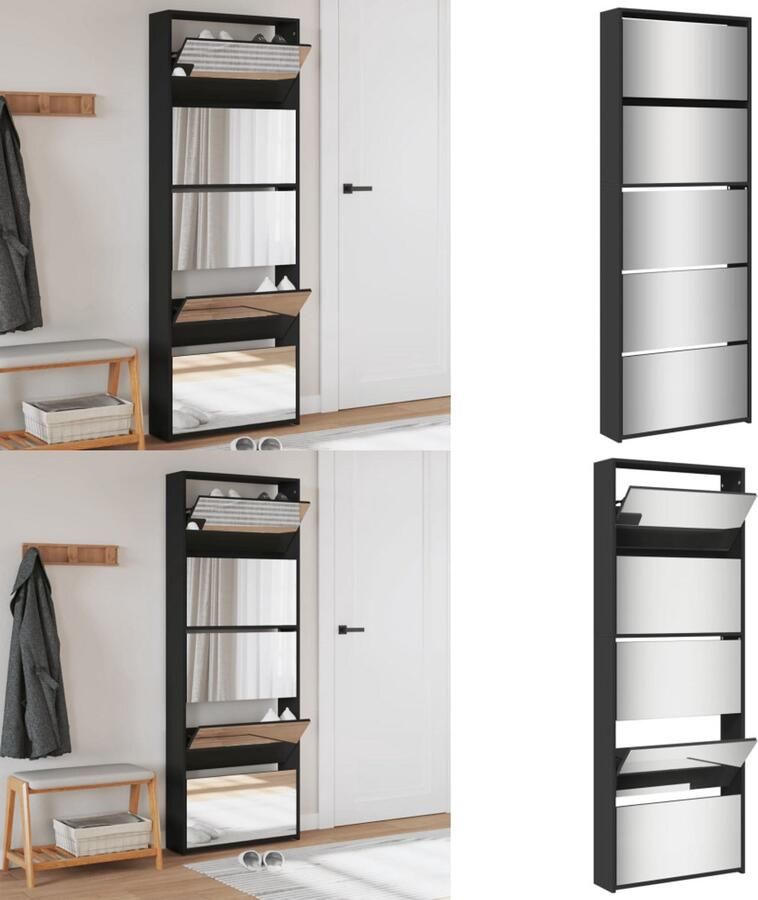 VidaXL Schoenenkast met spiegel 5-laags 63x17x169 5 cm zwart Schoenenkast Schoenenkasten Berging Voor Schoenen Schoenenrek
