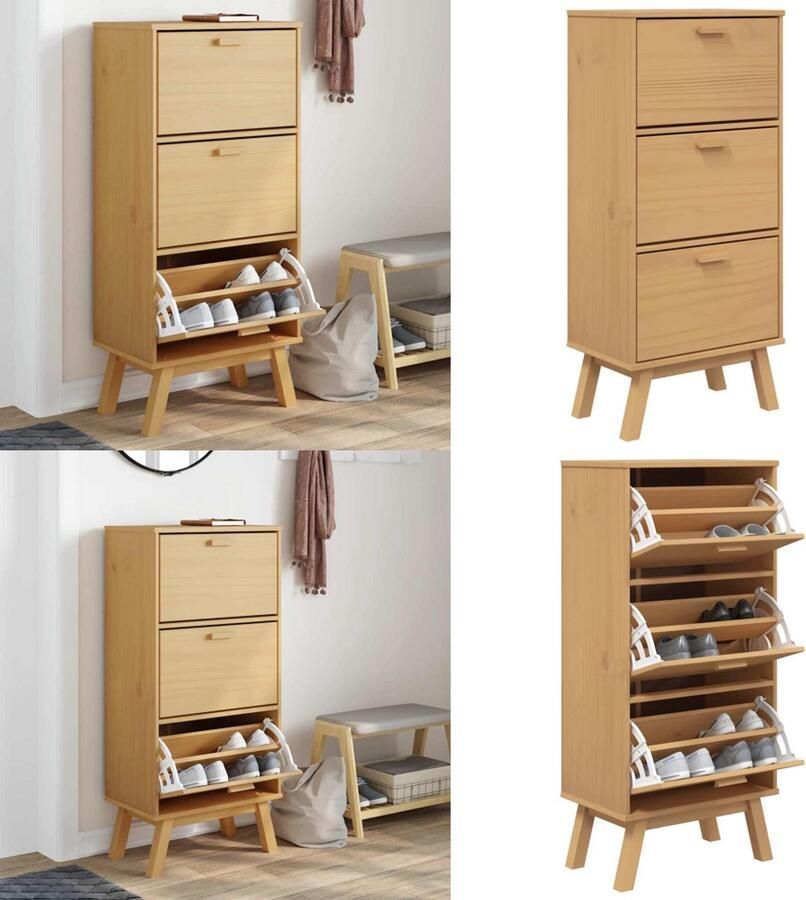 VidaXL Schoenenkast OLDEN 55x35x120 cm grenenhout bruin Schoenenkast Schoenenkasten Schoenenrek Schoenenbank