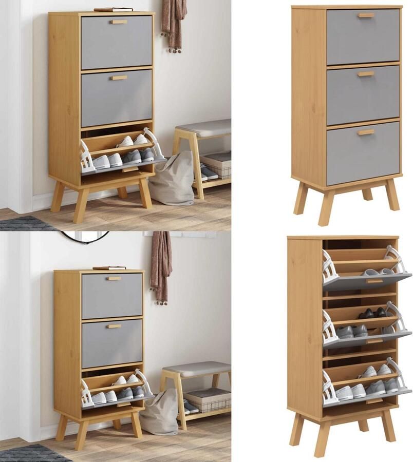 VidaXL Schoenenkast OLDEN 55x35x120 cm grenenhout grijs en bruin Schoenenkast Schoenenkasten Schoenenrek Schoenenbank