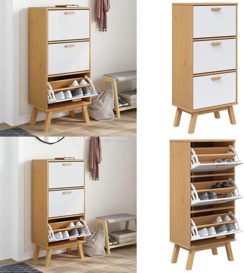 VidaXL Schoenenkast OLDEN 55x35x120 cm grenenhout wit en bruin Schoenenkast Schoenenkasten Schoenenrek Schoenenbank