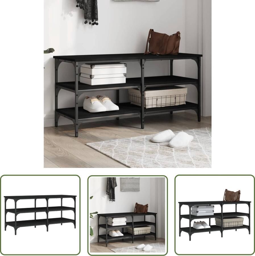 The Living Store Schoenenbank 100x38 5x49 cm bewerkt hout zwart Schoenenkast Schoenuitlegger Entreebank Opbergbank Houten Bank