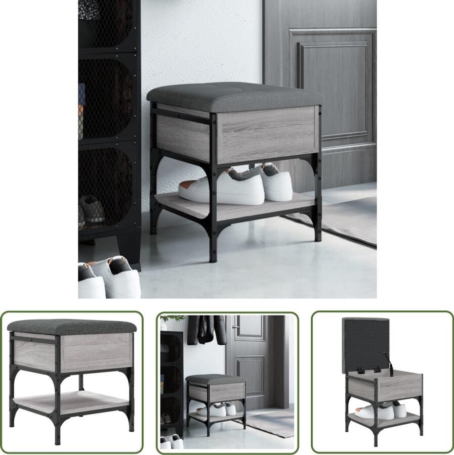 The Living Store Schoenenbank 42x42x45 cm bewerkt hout grijs sonoma eikenkleurig Schoenenbankje Schoenenbankjes Halbankje Opbergbankje