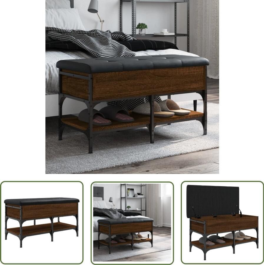 The Living Store Schoenenbank 82x42x45 cm bewerkt hout bruin eikenkleur Schoenenbankje Schoenenbankjes Halbankje Opbergbankje