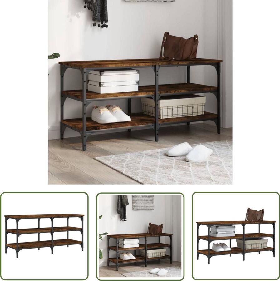 The Living Store Schoenenbankje 100x38 5x49 cm bewerkt hout gerookt eikenkleurig Schoenenbankje Schoenenbankjes Halbankje Opbergbankje