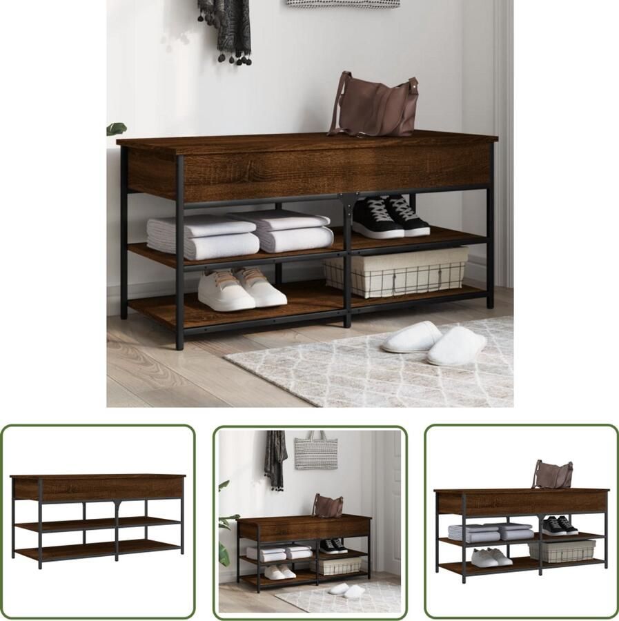 The Living Store Schoenenbankje 100x42 5x50 cm bewerkt hout bruin eikenkleur Schoenenbankje Schoenenbankjes Gangbankje Schoenenbankje