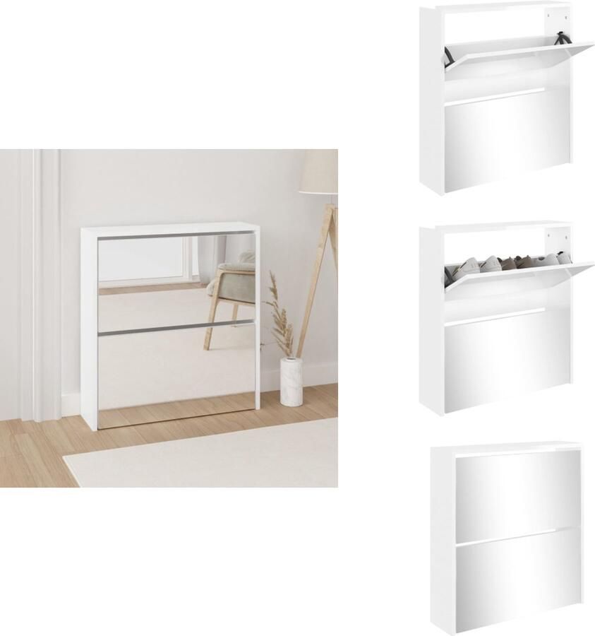 VidaXL Schoenenkast Schoenenkasten Berging Voor Schoenen Schoenenrek Schoenenkast met spiegel 2-laags 63x17x67 cm hoogglans wit - Foto 2