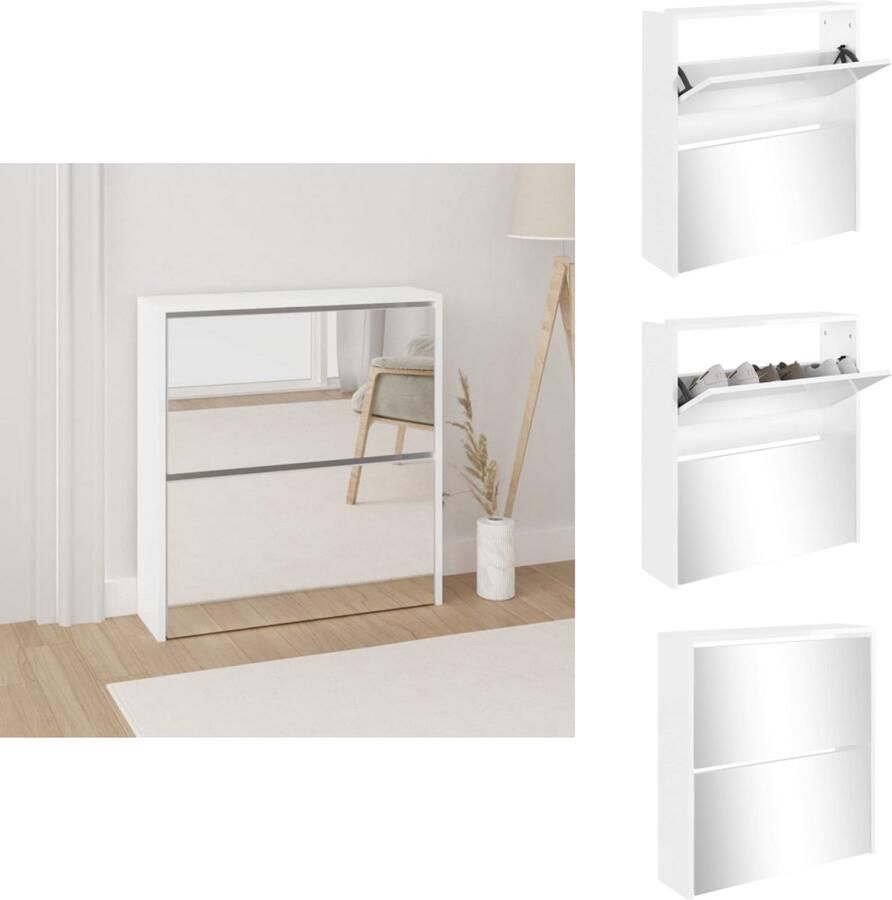 VidaXL Schoenenkast Schoenenkasten Berging Voor Schoenen Schoenenrek Schoenenkast met spiegel 2-laags 63x17x67 cm hoogglans wit