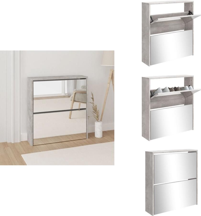 VidaXL Schoenenkast Schoenenkasten Berging Voor Schoenen Schoenenrek Schoenenkast met spiegel 2-laags 63x17x67 cm betongrijs