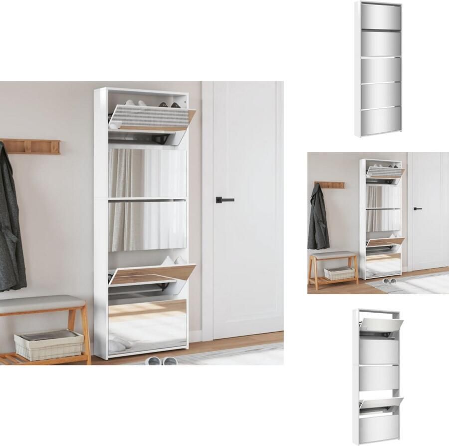 VidaXL Schoenenkast Schoenenkasten Berging Voor Schoenen Schoenenrek Schoenenkast met spiegel 5-laags 63x17x169 5 cm hoogglans wit