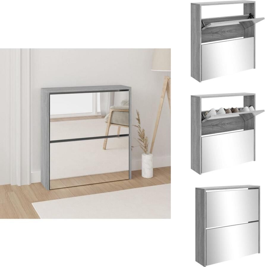 VidaXL Schoenenkast Schoenenkasten Berging Voor Schoenen Schoenenrek Schoenenkast met spiegel 2-laags 63x17x67 cm grijs sonoma