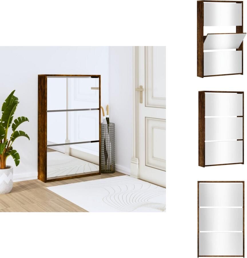 VidaXL Schoenenkast Schoenenkasten Berging Voor Schoenen Schoenenrek Schoenenkast met spiegel 3-laags 63x17x102 5 cm gerookt eiken