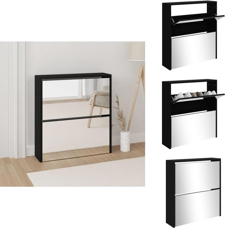 VidaXL Schoenenkast Schoenenkasten Berging Voor Schoenen Schoenenrek Schoenenkast met spiegel 2-laags 63x17x67 cm zwart