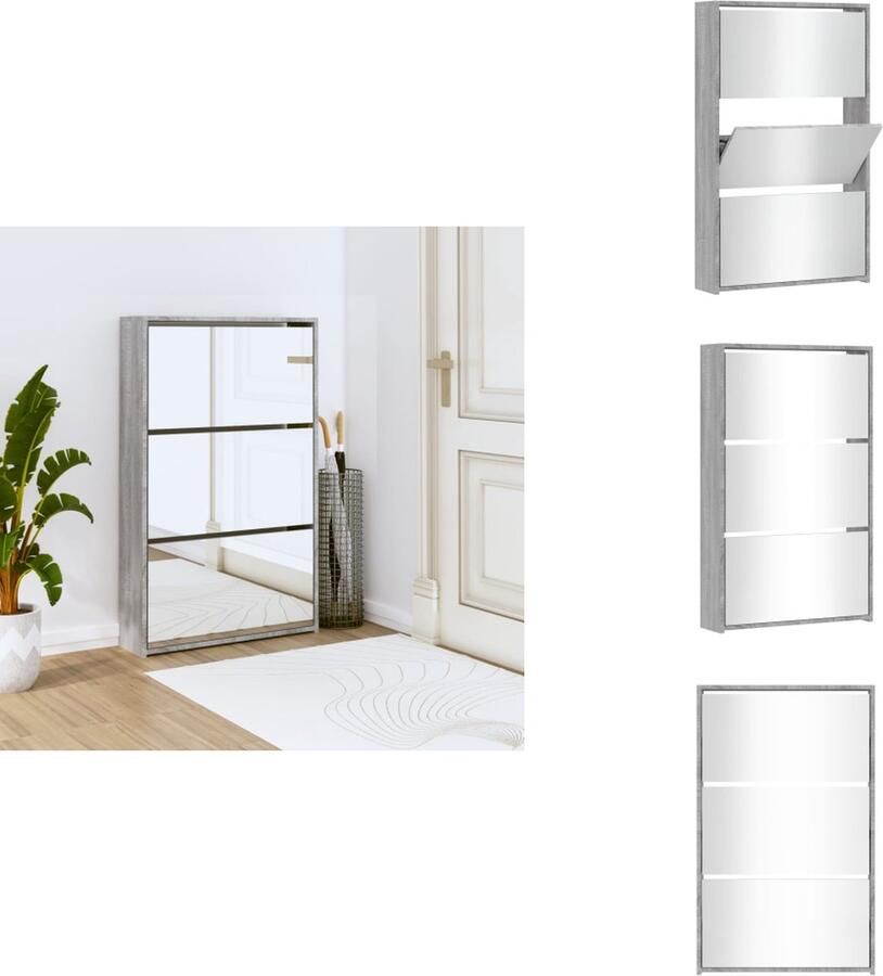 VidaXL Schoenenkast Schoenenkasten Berging Voor Schoenen Schoenenrek Schoenenkast met spiegel 3-laags 63x17x102 5 cm grijs sonoma