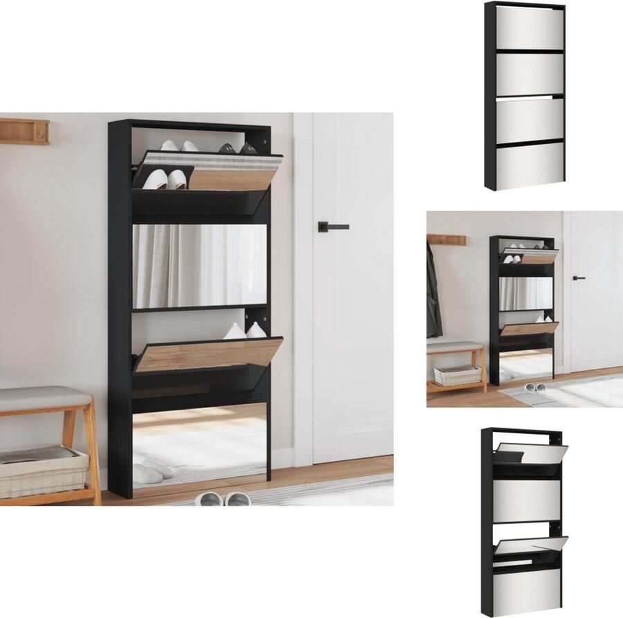 VidaXL Schoenenkast Schoenenkasten Berging Voor Schoenen Schoenenrek Schoenenkast met spiegel 4-laags 63x17x134 cm zwart