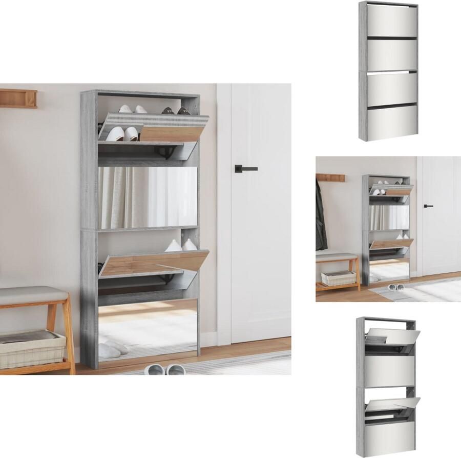 VidaXL Schoenenkast Schoenenkasten Berging Voor Schoenen Schoenenrek Schoenenkast met spiegel 4-laags 63x17x134 cm grijs sonoma