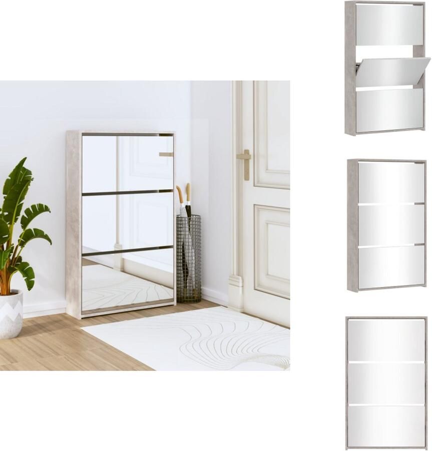 VidaXL Schoenenkast Schoenenkasten Berging Voor Schoenen Schoenenrek Schoenenkast met spiegel 3-laags 63x17x102 5 cm betongrijs