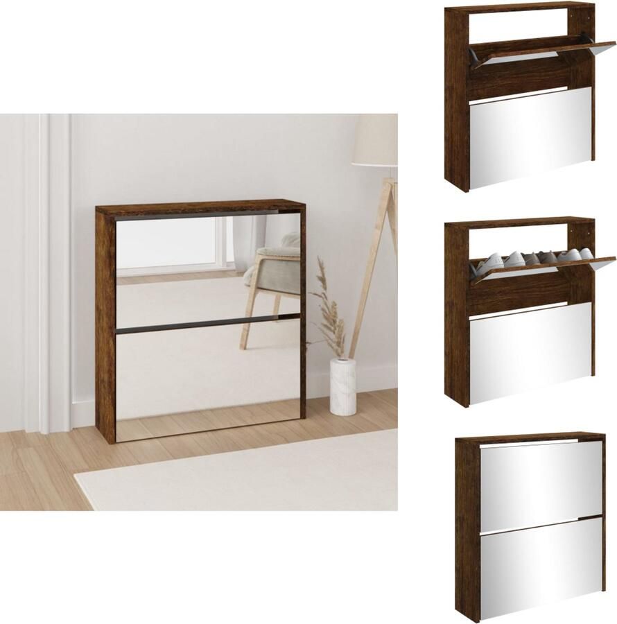 VidaXL Schoenenkast Schoenenkasten Berging Voor Schoenen Schoenenrek Schoenenkast met spiegel 2-laags 63x17x67 cm gerookt eiken