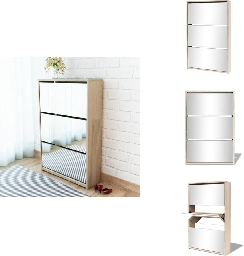 VidaXL Schoenenkast Schoenenkasten Schoenen Kast Schoenen Kasten Schoenenkast drielaags met spiegel 63x17x102 5 cm eiken