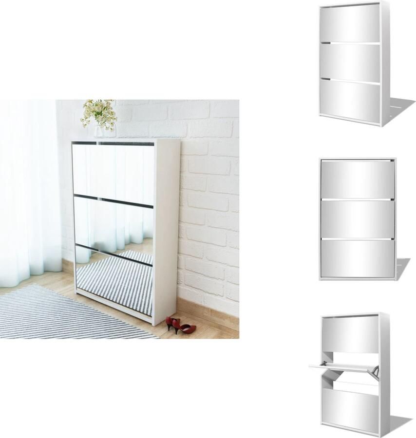 The Living Store Spiegelschoenenkast Halkastje met 3 lades Wit 63 x 17 x 102.5 cm Schoenenkast Schoenen Rek Entree Meubilair Hallenkast Spiegelkast - Foto 4