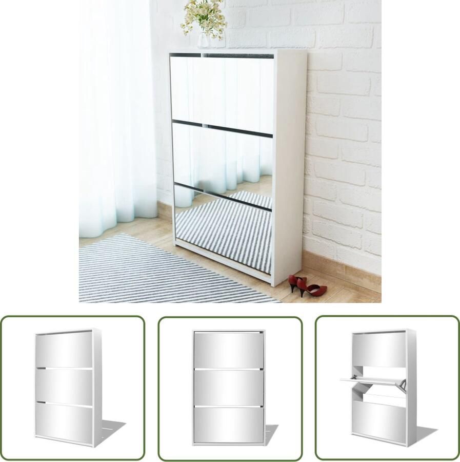 The Living Store Spiegelschoenenkast Halkastje met 3 lades Wit 63 x 17 x 102.5 cm Schoenenkast Schoenen Rek Entree Meubilair Hallenkast Spiegelkast - Foto 2