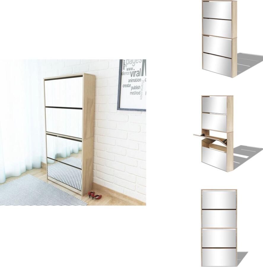 VidaXL Schoenenkast Schoenenkasten Schoenen Kast Schoenen Kasten Schoenenkast met 4 spiegels 63x17x134 cm eikenhout